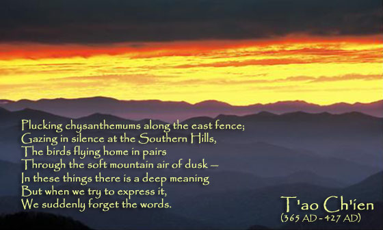 Plucking chysanthemums along the east fence;Gazing in silence at the Southern Hills,The birds flying home in pairs,Through the soft mountain air of dusk --In these things there is a deep meaning,But when we try to express it,We suddenly forget the words.-T'ao Ch'ien(365 AD - 427 AD)